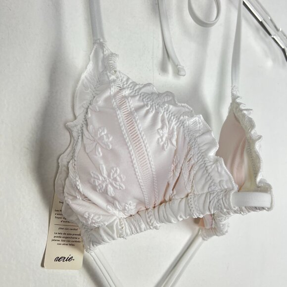 NWT Aerie Perky Triangle Bikini Top Embroidered Floral Ruffle White Size Small S - Picture 3 of 9